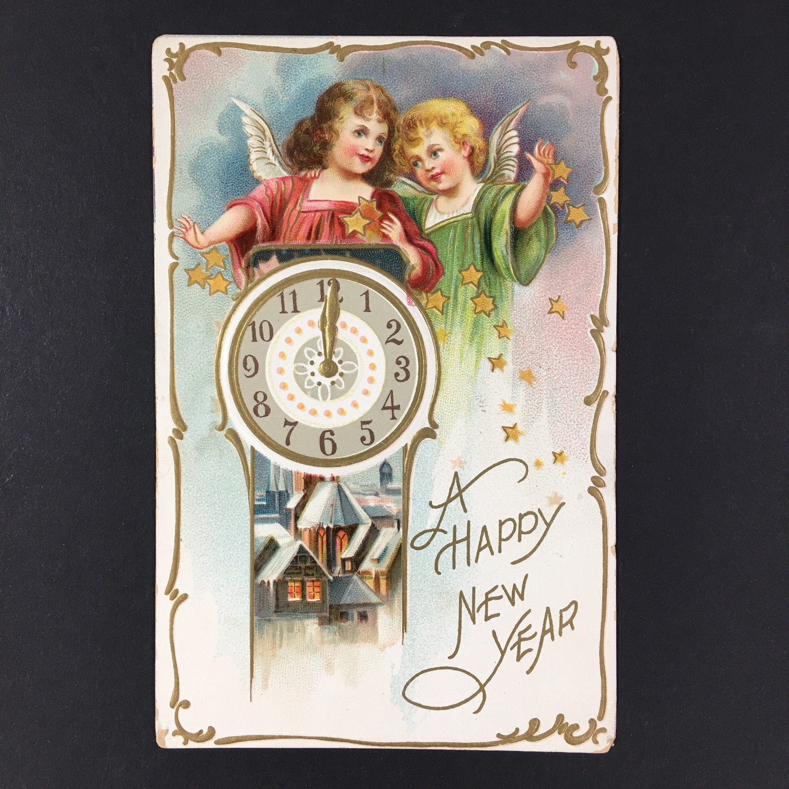 Tuck's Happy New Year Antique Postcard Posted 1910 Embossed Angels Clock