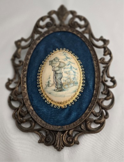 Vintage Metal Oval Frame Raised Porcelain Plaque Winter Blue Velvet Wall Art