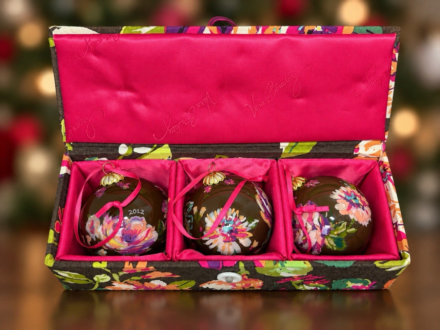 Vera Bradley English Rose 2012 Glass Christmas Ornaments Set of 3 w/ Box