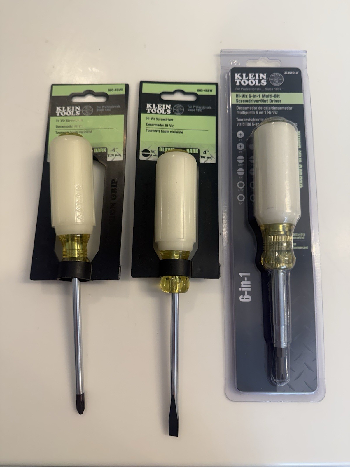 RARE Klein Tools Glow in Dark Screwdriver Set 603-4GLW 605-4GLW 32451GLW NOS