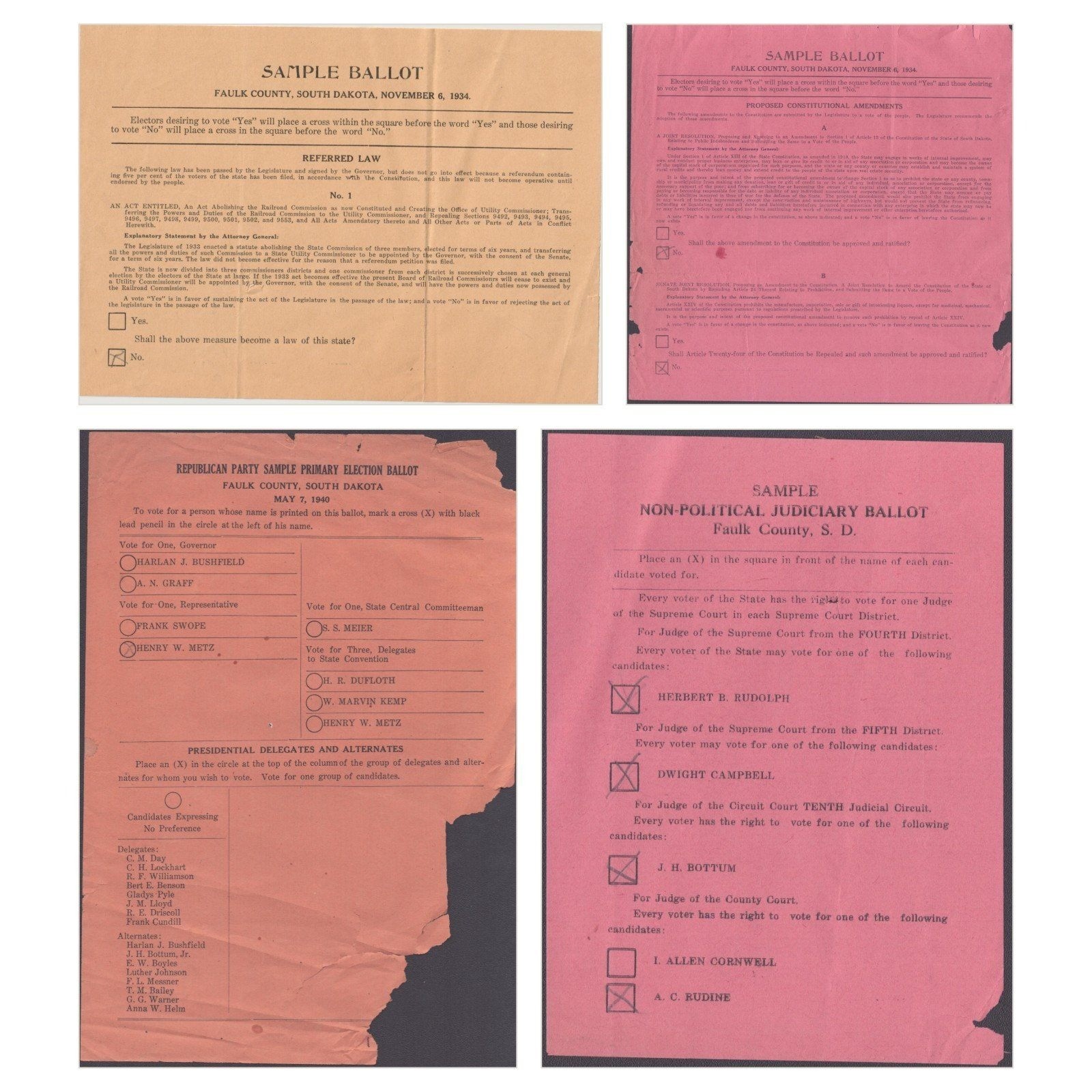 Vintage 1934 1940 Faulk County South Dakota Sample Ballots Lot of 4 Ephemera