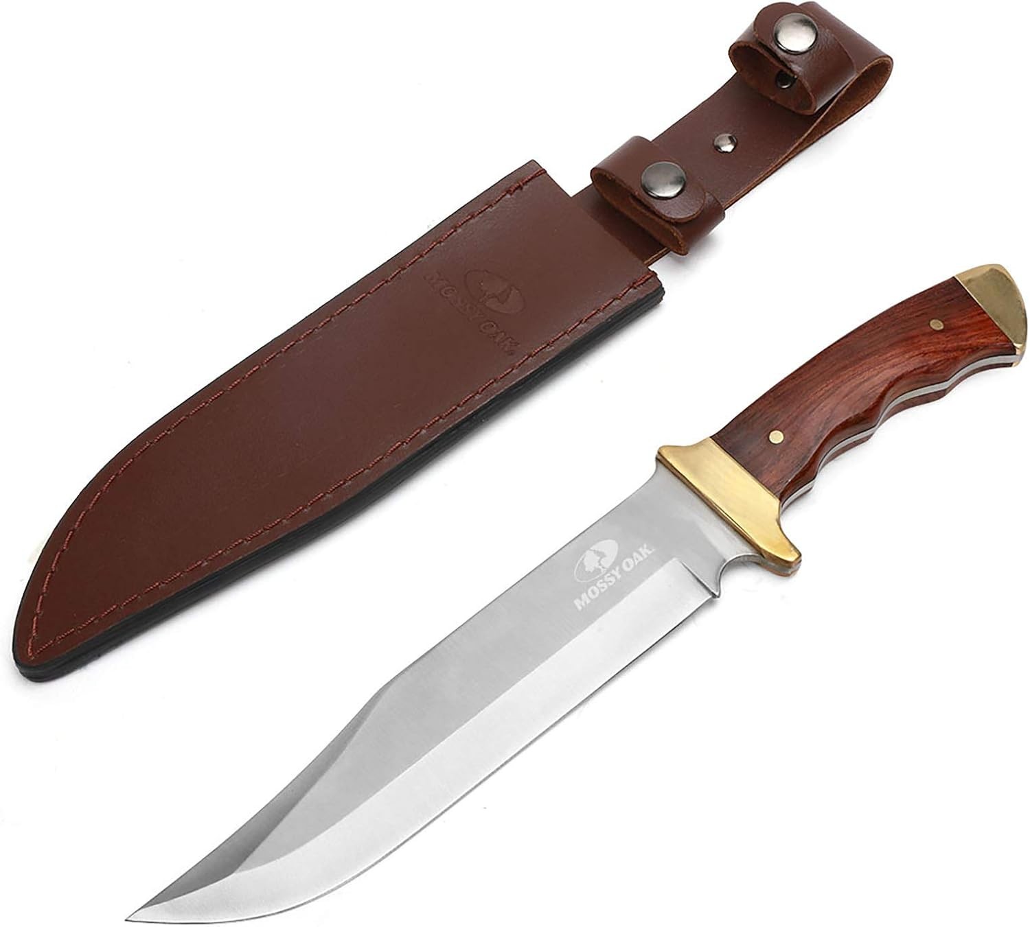 Mossy Oak 14-Inch Bowie Knife, Full-Tang Fixed Blade, Wood Handle, Leather Sheat