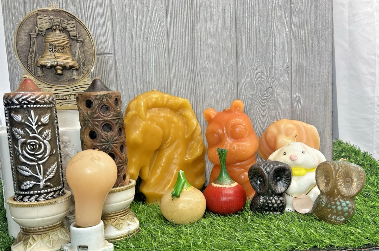 Vintage Wax Candle Collection Lot Retro Owl Cat Fruit Lightbulb Pillar Candles