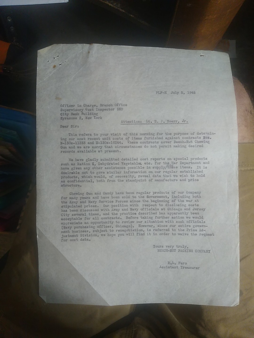 Part 5WWII 1945 Beech-Nut Ration K Contract Dispute Archive Lot - 5pc Paper Trai