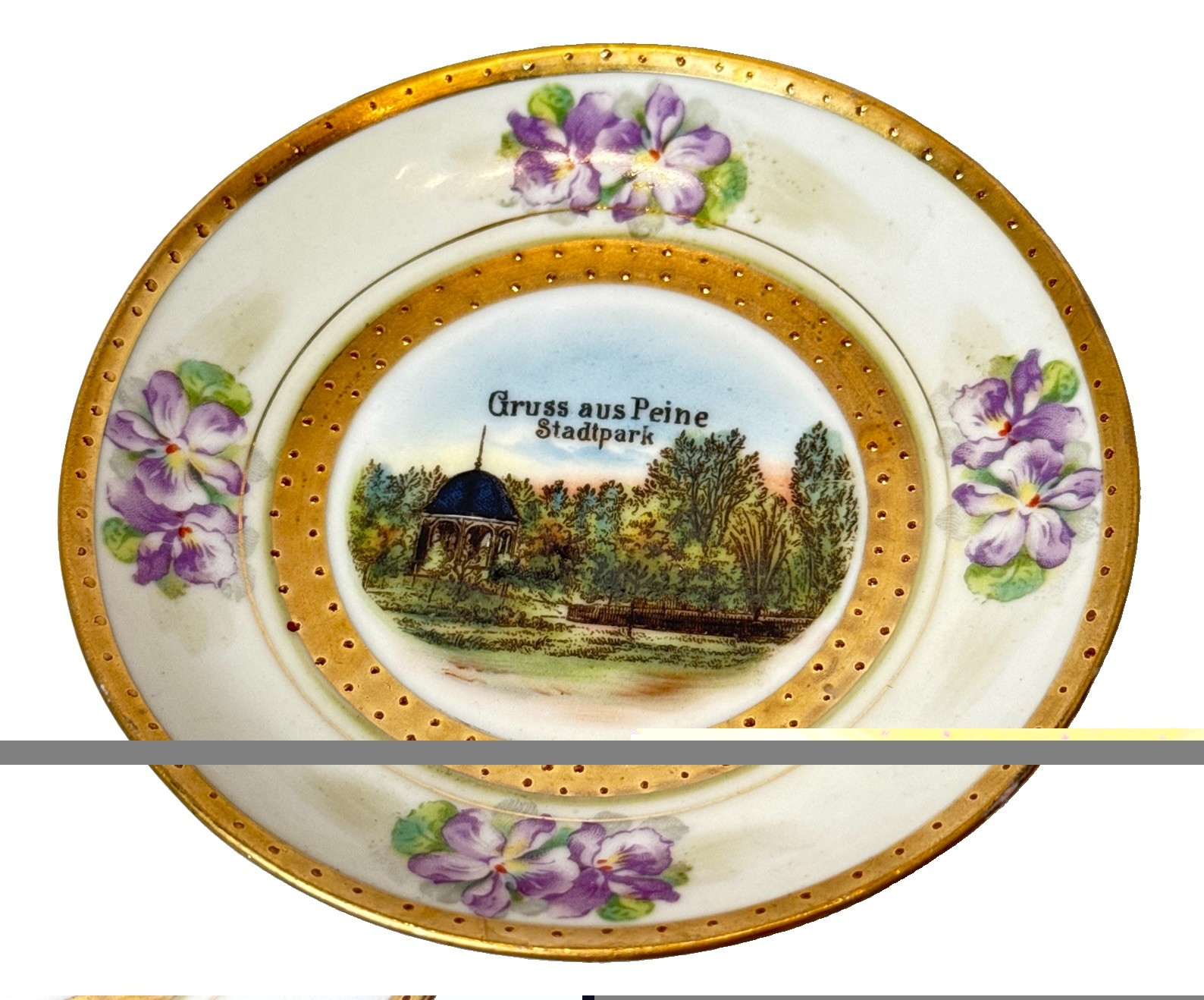 GRUSS AUS PEINE GERMANY SAXONY Souvenir PARK Antique Gold PAINTED DISH PLATE GRUSS AUS PEINE GERMANY SAXONY Souvenir PARK Antique Gold PAINTED DISH PLATE