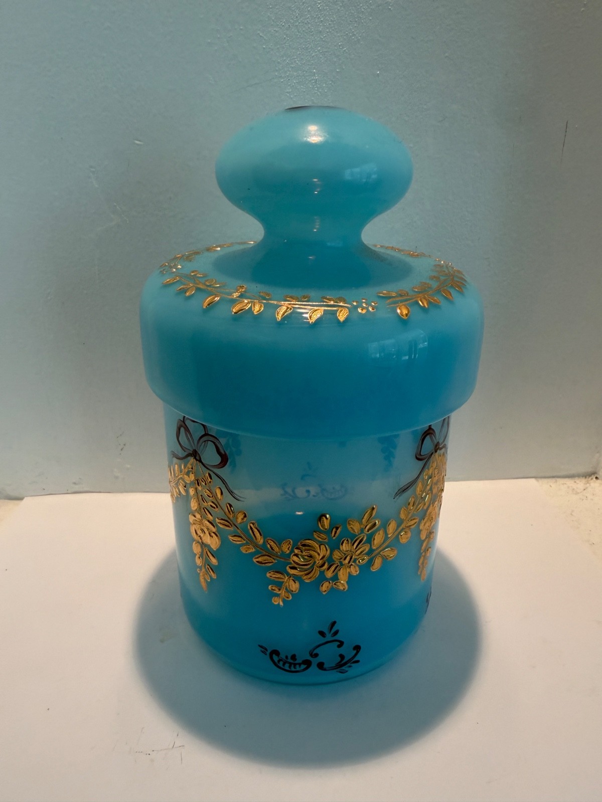 Antique Blue Opalescent Vanity Jar Hand Painted Gold Embossed Scroll with a lid