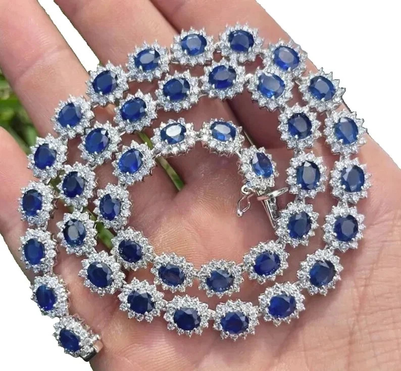26.40Ct Round Diamond & Blue Sapphire Necklace In 14K White Gold Over 17 Inches