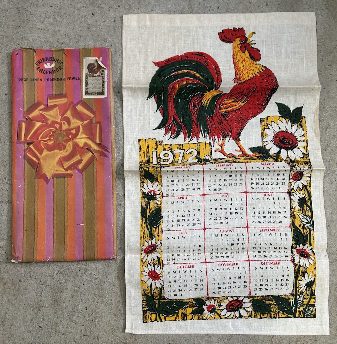 Vintage 1972 Rooster and Hen Kitchen Calendar Cloth Tea Towel w/ Orig Envelope
