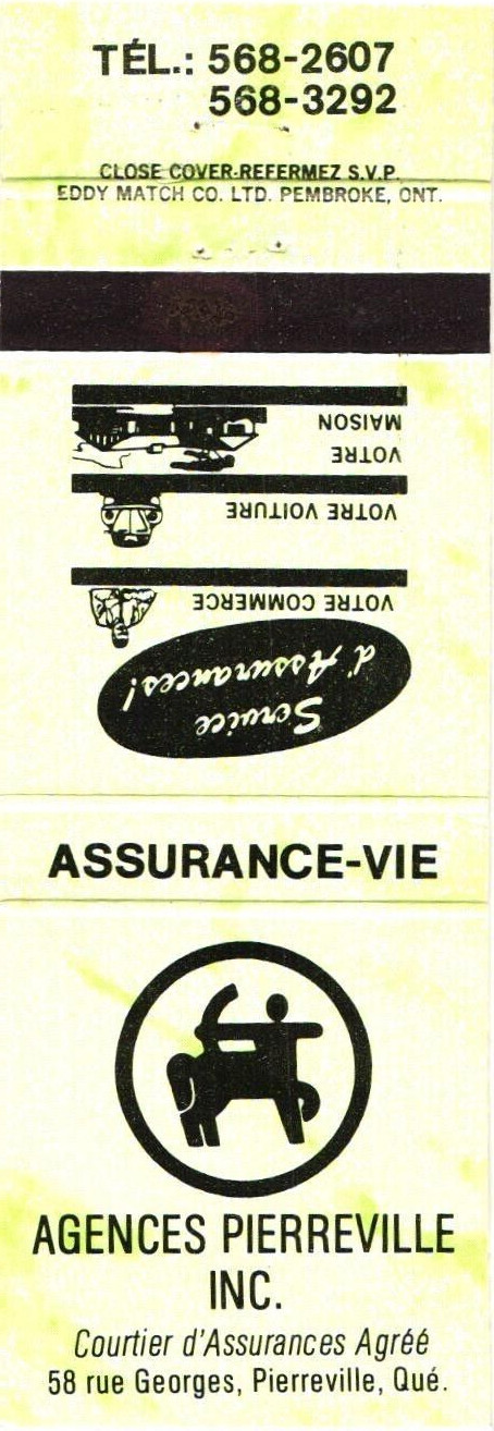 Agences Pierreville Inc. Pierreville Quebec Vintage Matchbook Cover 1960s-70s