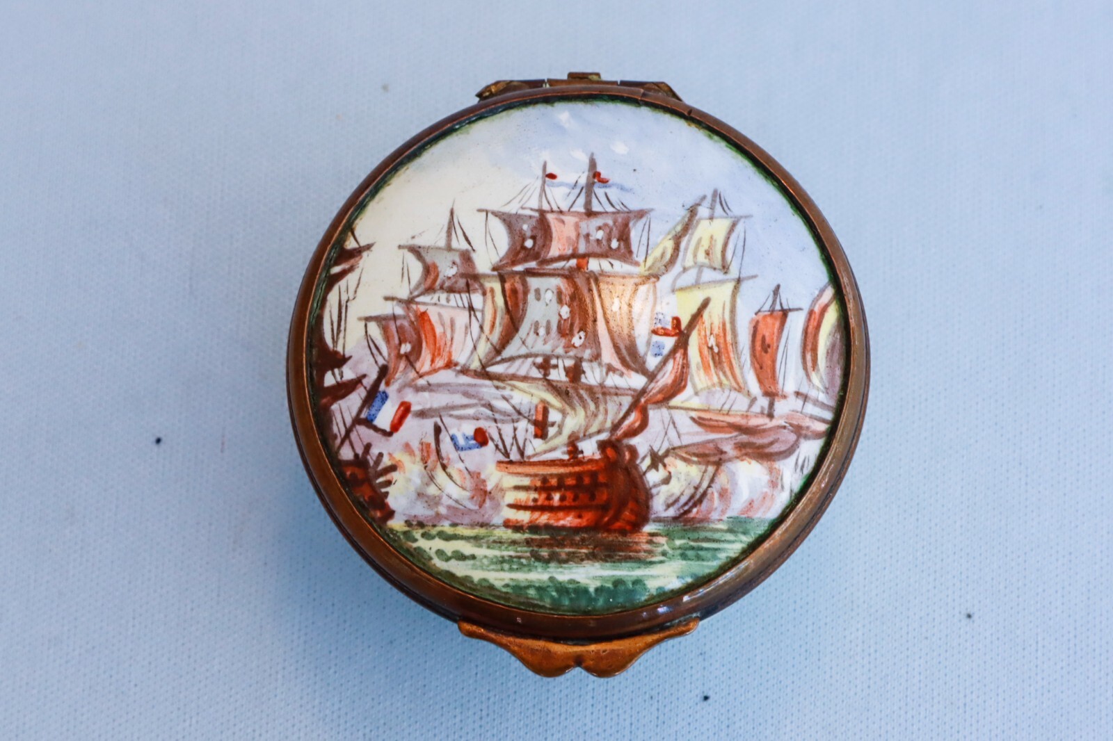 Rare 18th C Battersea Bilston Enamel Patch Trinket Box Navy Battle Warship Rare 18th C Battersea Bilston Enamel Patch Trinket Box Navy Battle Warship