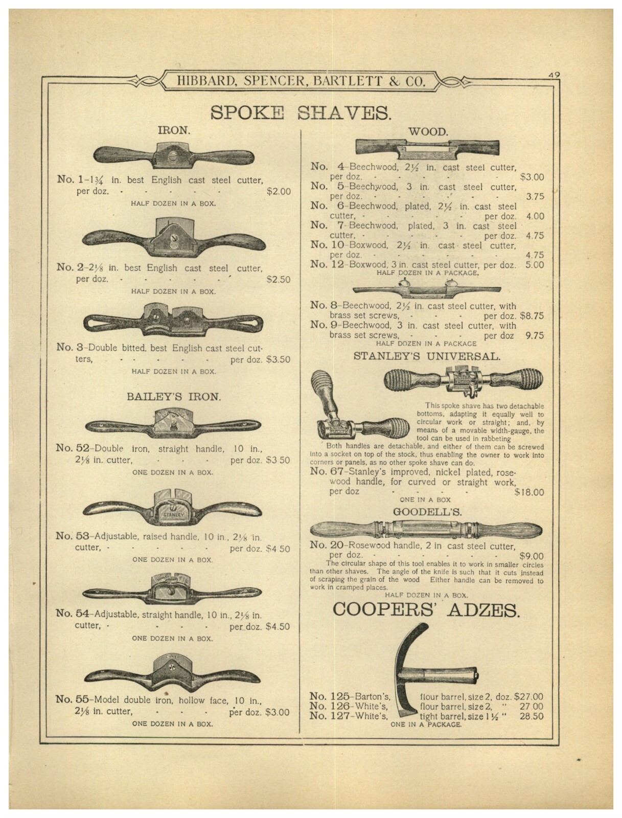 1899 PAPER AD Stanley Universal Spoke Shave Bailey\'s Iron Double Bit Goodell\'s