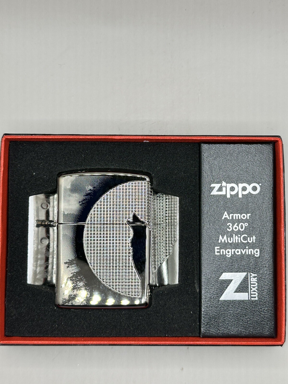 Howling Wolf Carved Moon Design Black Ice Armor Zippo New 49353