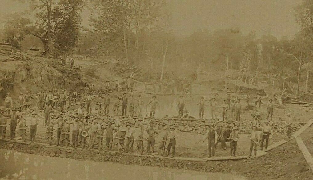 Vintage 1890s? Men Group Workers Build Work on Canal Nature Hat Cabinet Card