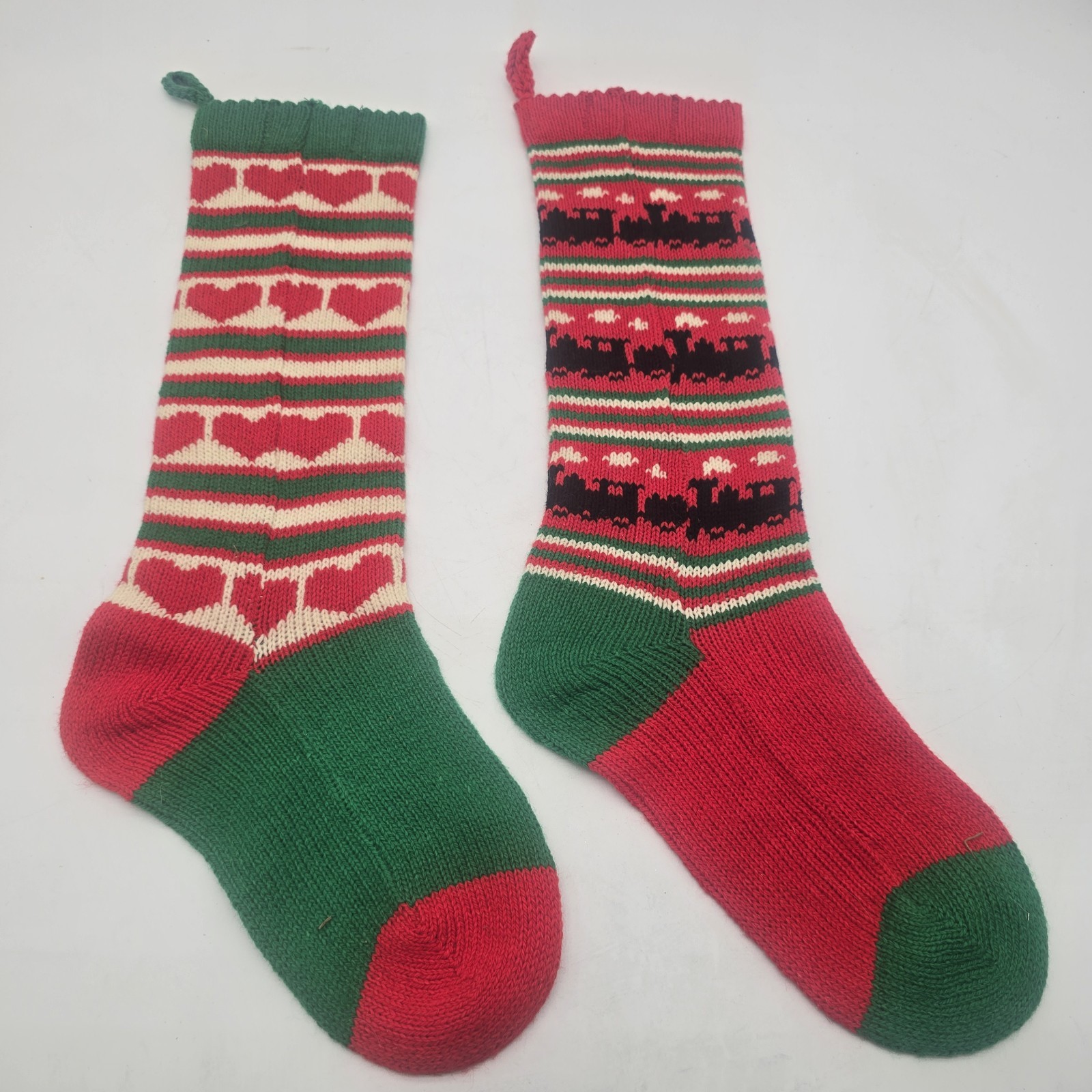 2 VTG  Large Wool Christmas Stockings Hearts & Train Sand DOLLAR Designs