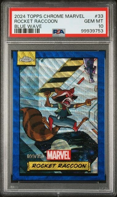 2024 Topps Chrome Marvel Rocket Raccoon Blue Wave Refractor PSA 10