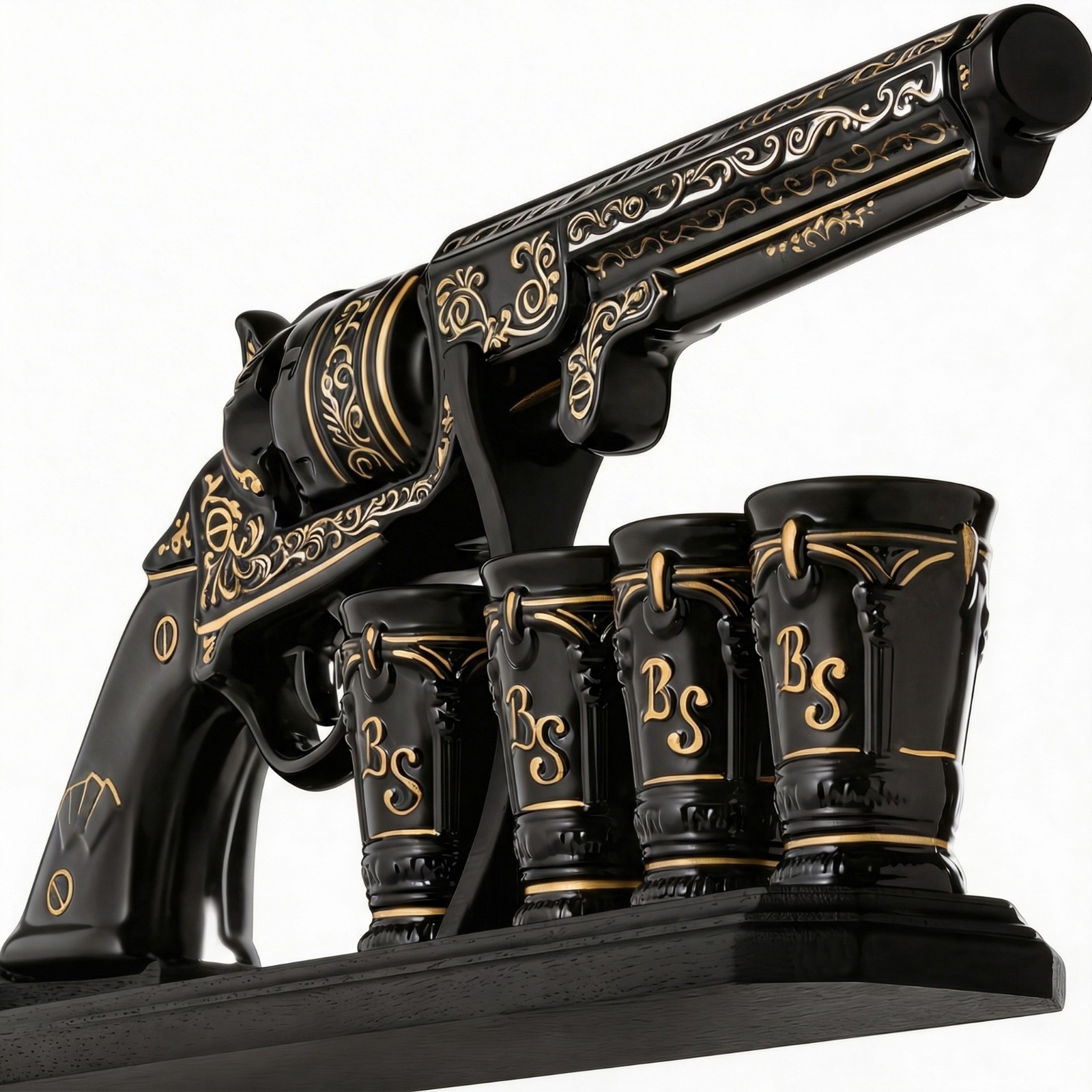 Ceramic Decanter Set 17oz with 4 Shot Glasses Tequila Whiskey Gun Pistol Bottle