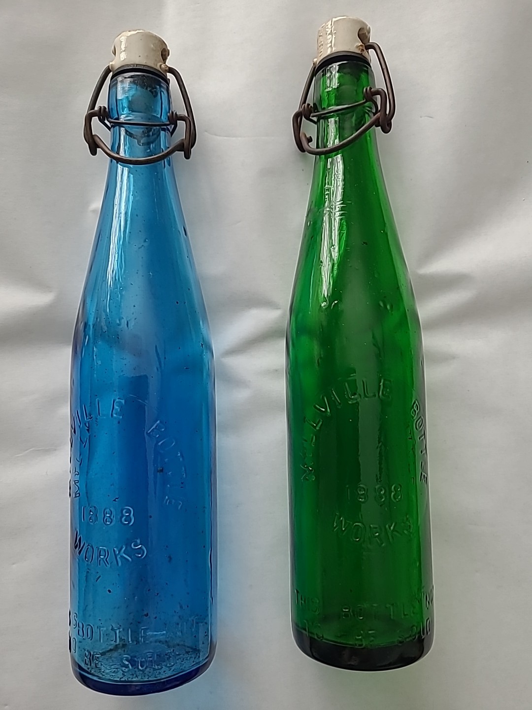 2 Vintage 70s Millville Bottles 1888 Beer Blue & Emerald Bottle w Stoppers. a