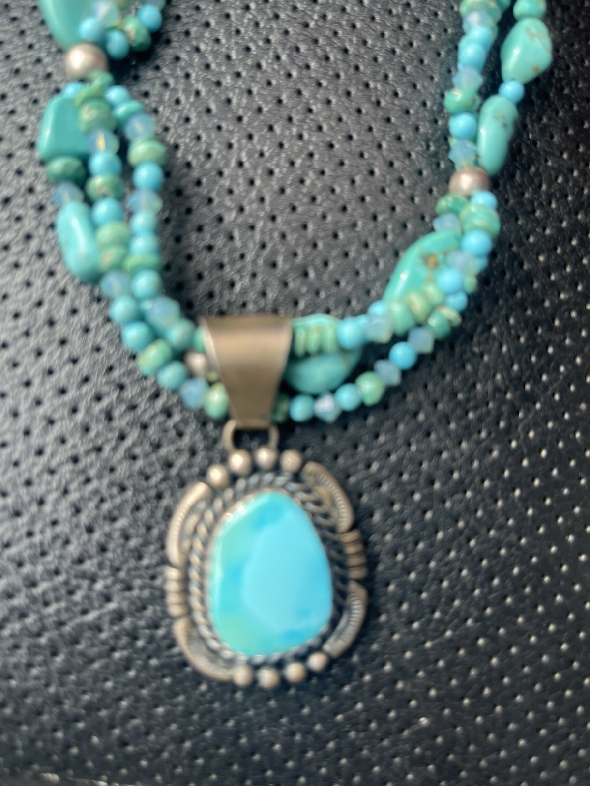 Navajo M Spencer Signed Sterling Silver Turquoise Stone Pendant NECKLACE