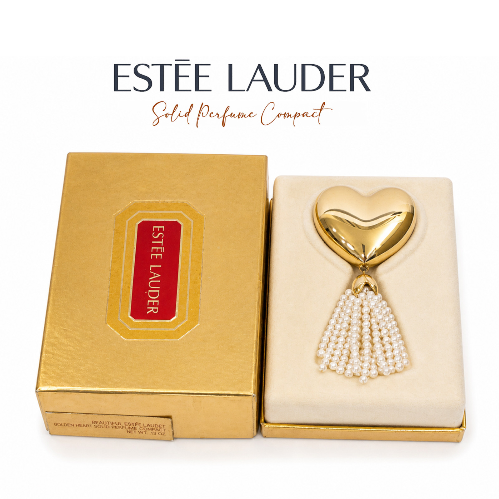 Estee Lauder Beautiful Golden Heart Solid Perfume Compact Pearl Tassel NIB Box