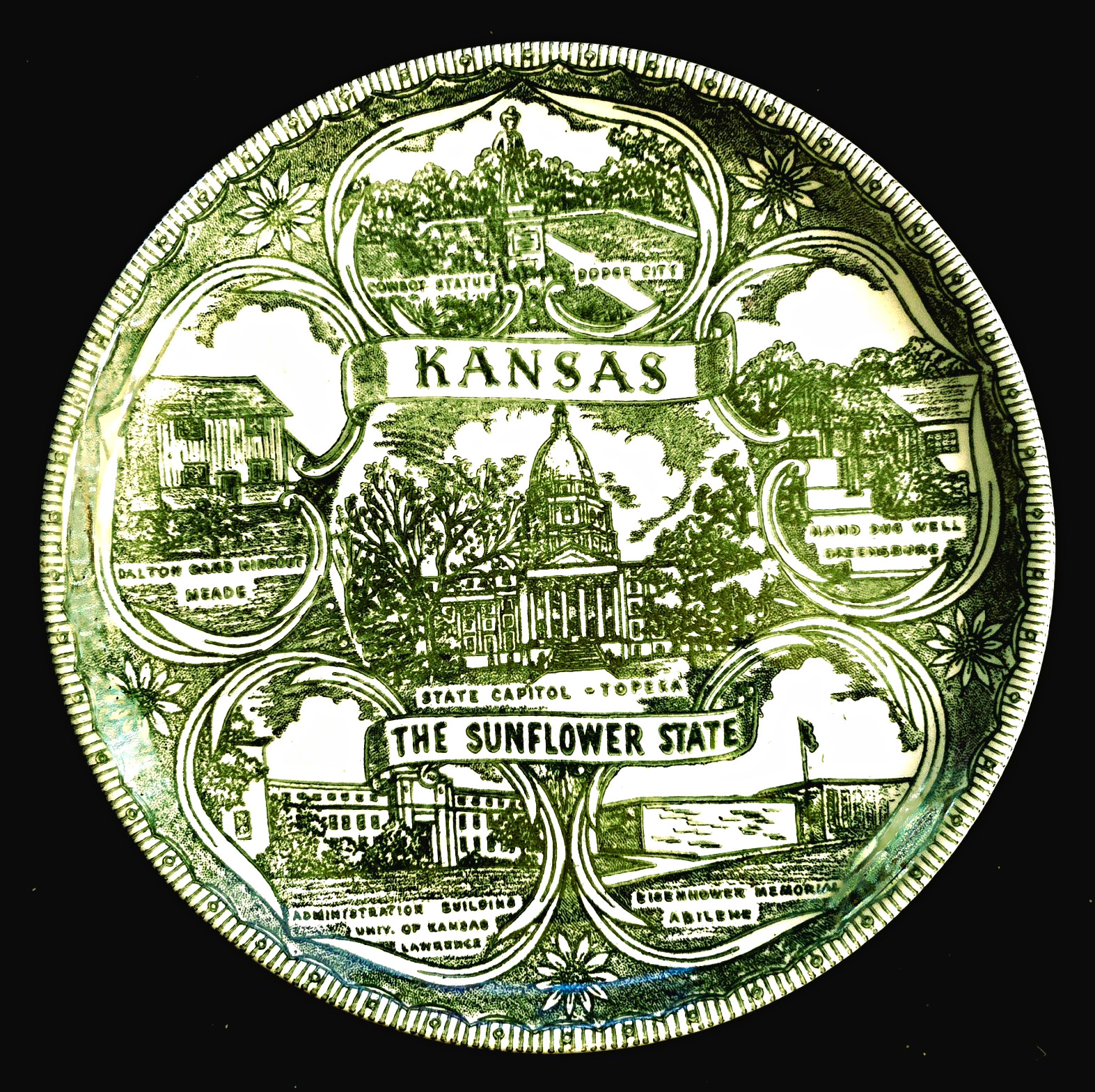 Vintage Kansas State Souvenir Collector Plate Green Transferware 7.25\