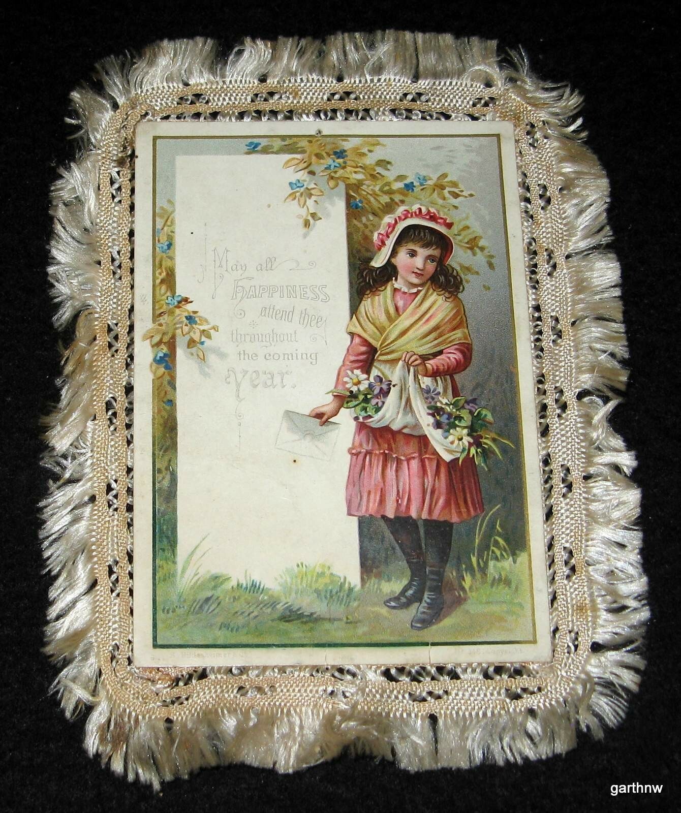 S HILDESHEIMER & CO. 1890s NEW YEAR\'S GREETING CARD WITH CLOTH FRINGE NO. 346
