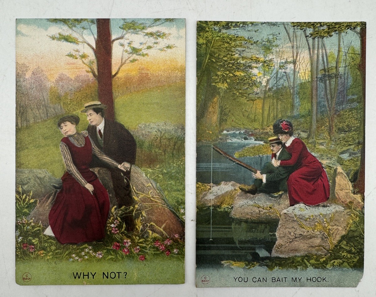 2 Vintage Postcards Romantic Lover Scenes You Can Bait My Hook-Why Not? Bamforth 2 Vintage Postcards Romantic Lover Scenes You Can Bait My Hook-Why Not? Bamforth