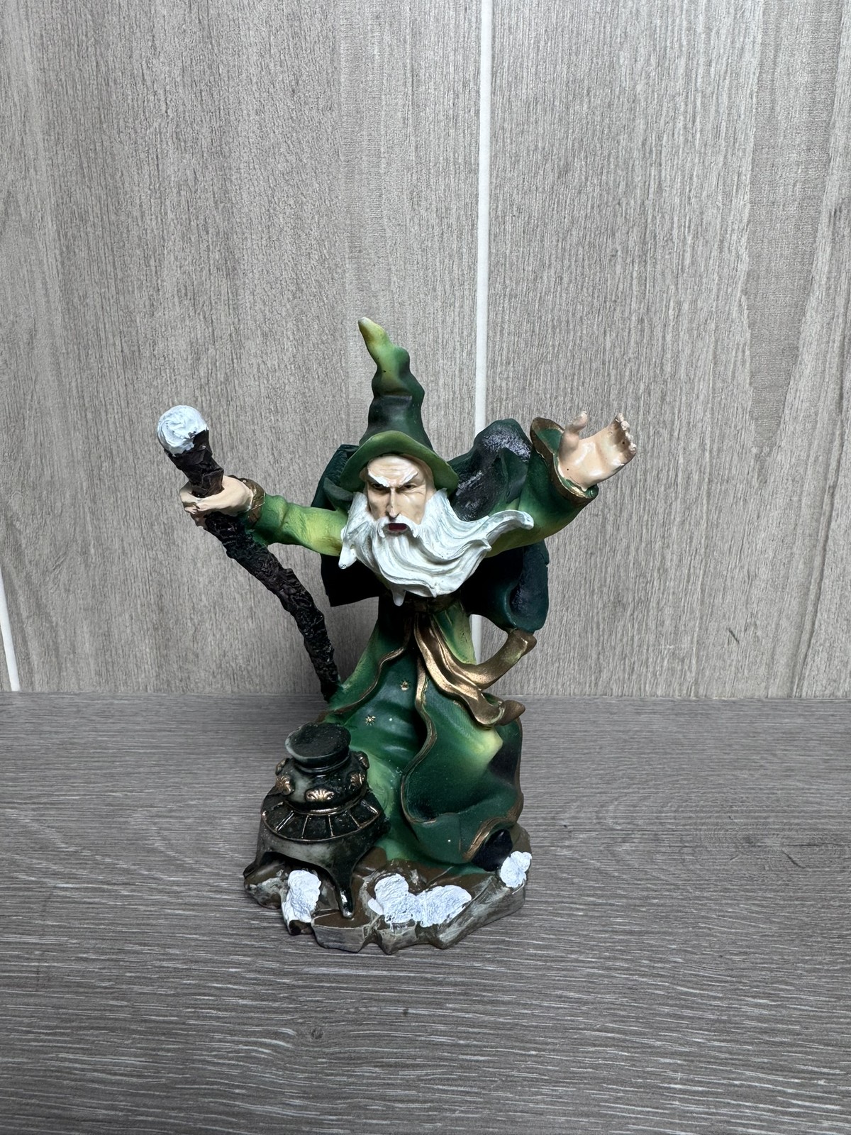 Yardworks Originals Fantasy Wizard Statue Figurine Green Robe Staff Cauldron