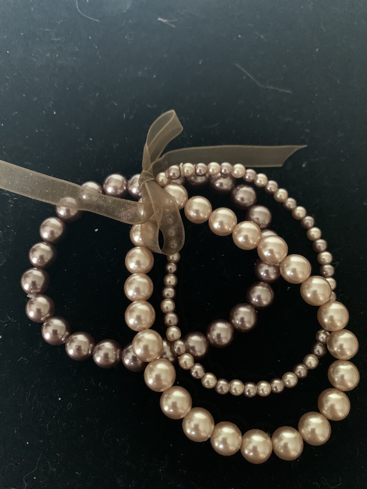 Bracelet Set Chocolate Brown Faux Pearl Stretch Beige Elastic Beaded