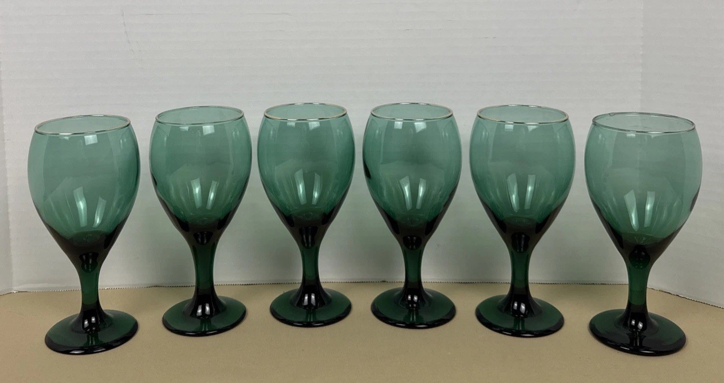6 Vintage Libbey Juniper Green Stemmed Wine Glass Goblet 6.75