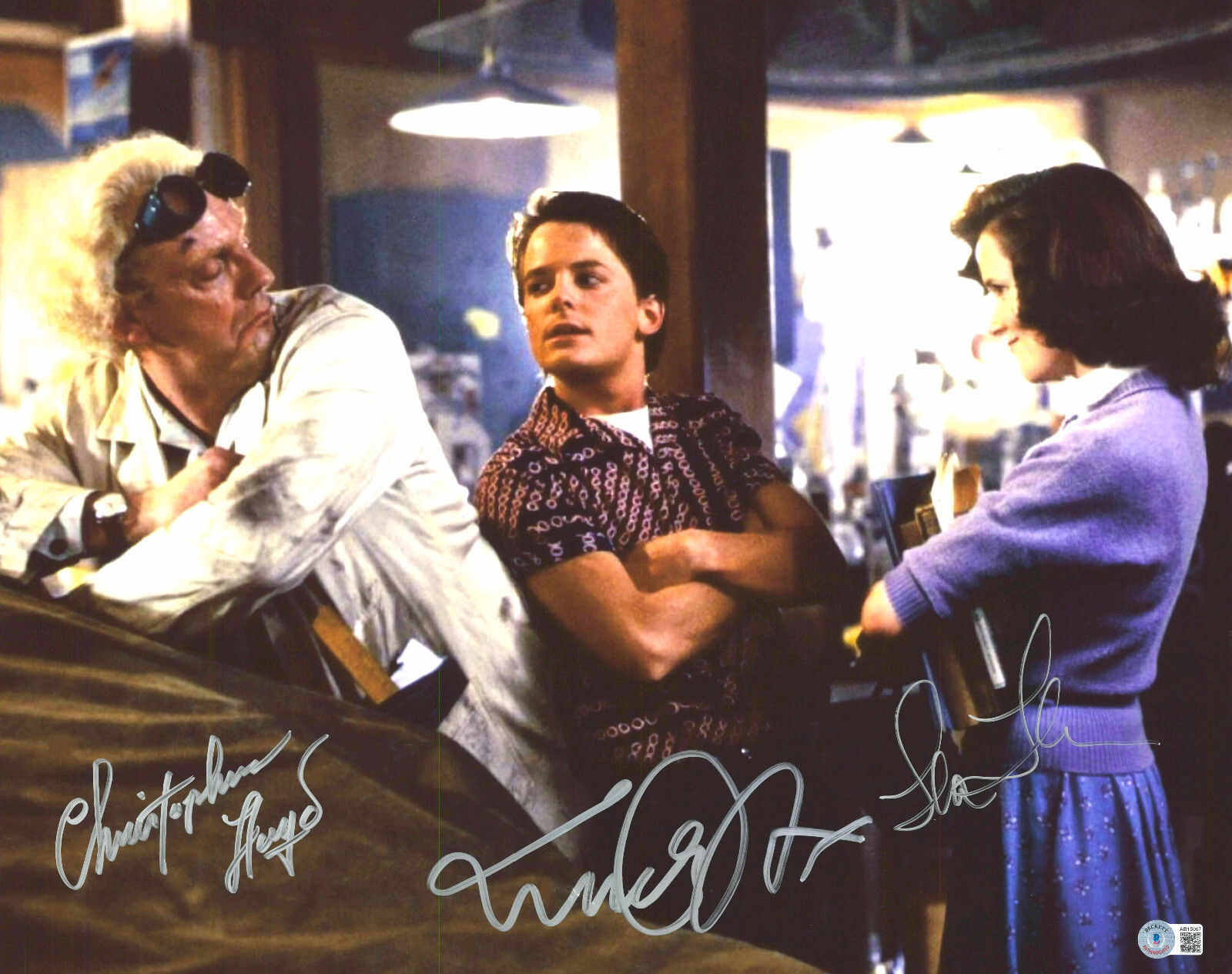 MICHAEL J FOX CHRISTOPHER LLOYD L THOMPSON SIGNED 16X20 BACK TO THE FUTURE BAS