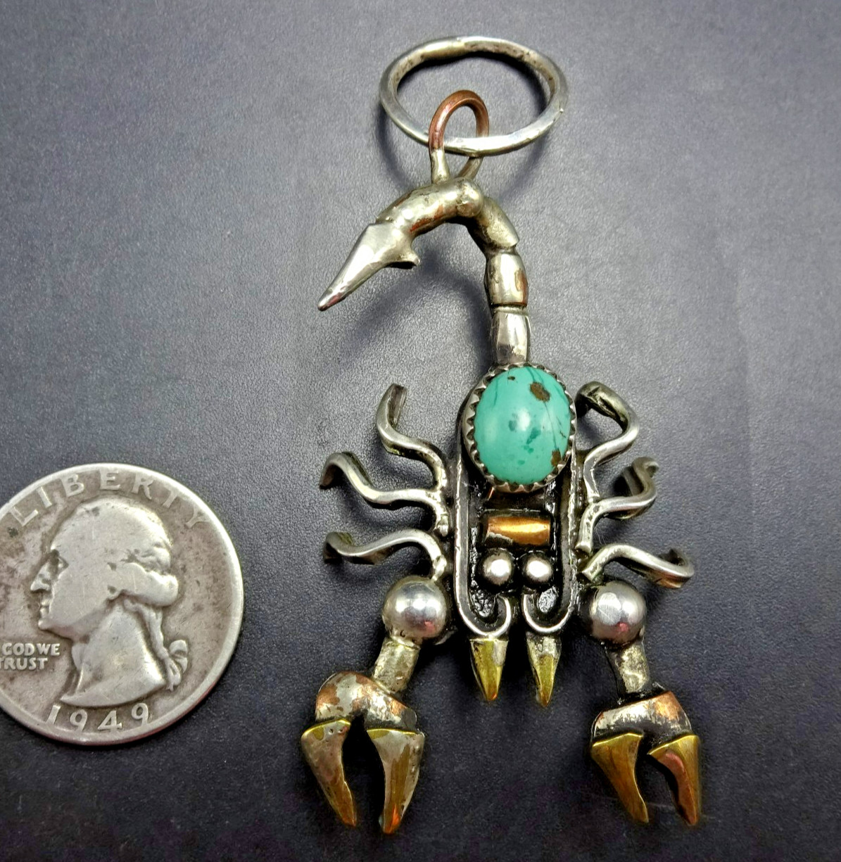 FRANK VALDEZ Sterling Silver SCORPION PENDANT w/ TURQUOISE CABOCHON Taos Artist