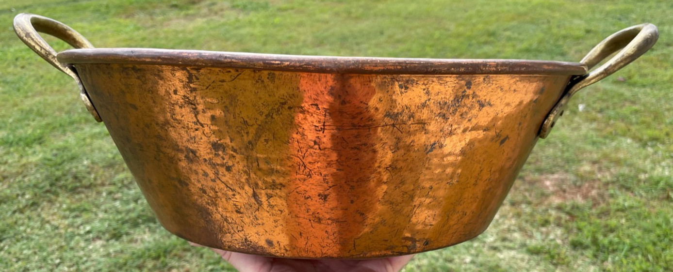 Large Antique Primitive Hand Hammered Copper Pot with Handles Cooking Decor