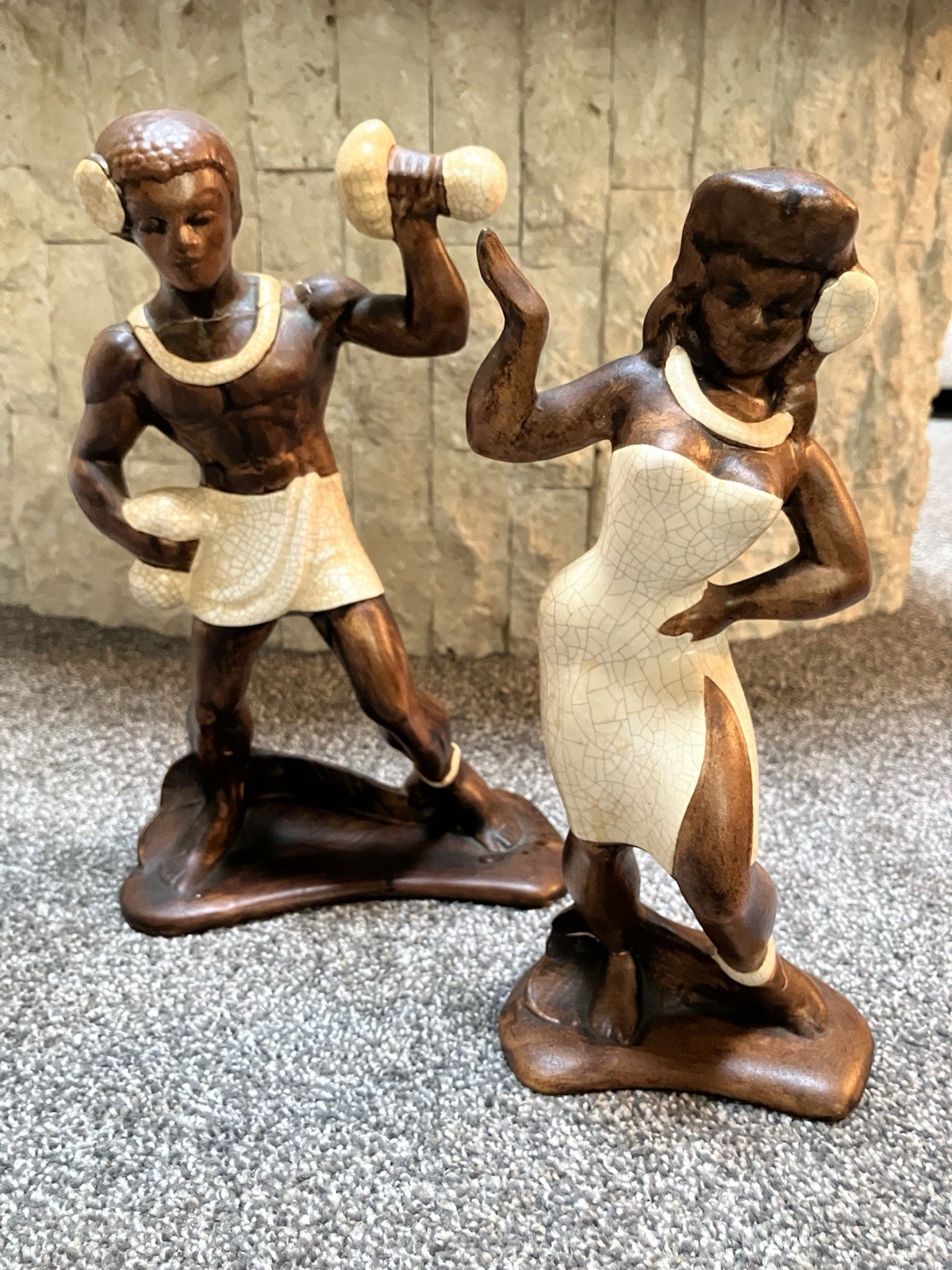 VTG Treasure Craft of Hawaii Female & Male Hula Dancers Statue Figurines 10” 11”