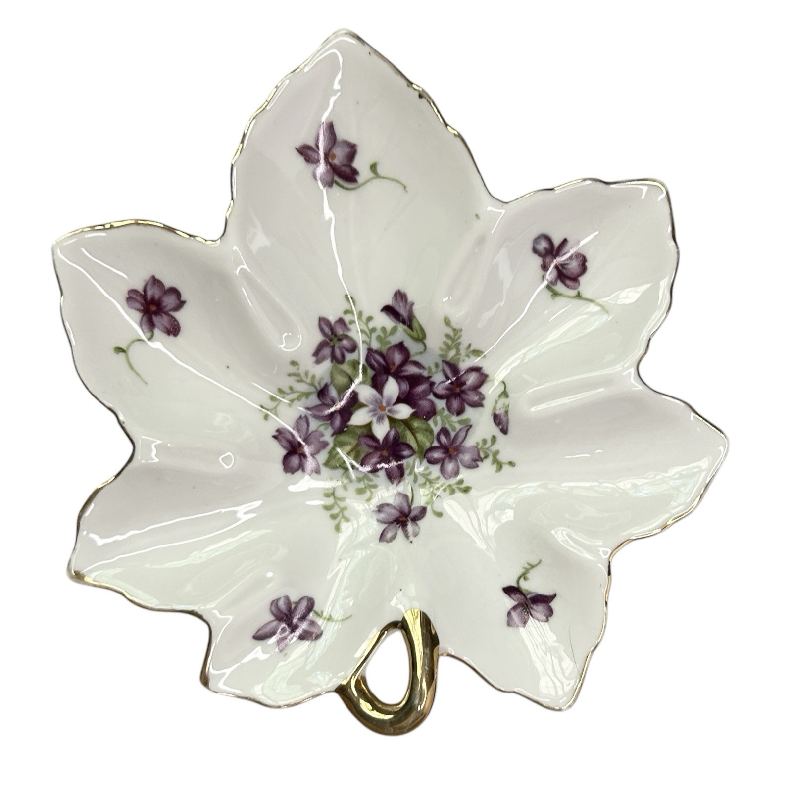 Vintage LEFTON Violet Hand Painted Leaf Gold Trim Candy Dish Trinket Plate 6.75”