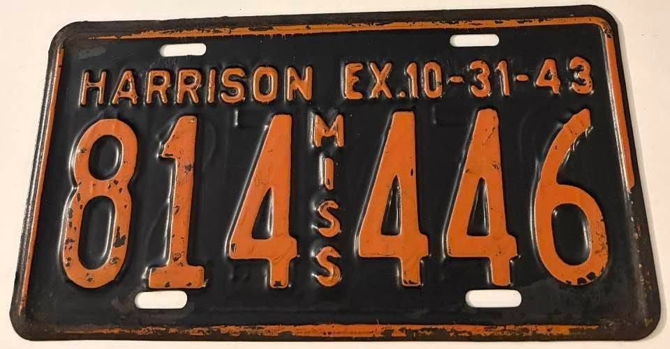 1943 Mississippi License Plate 814 446 Harrison County WWII Year DOUBLE STAMPED