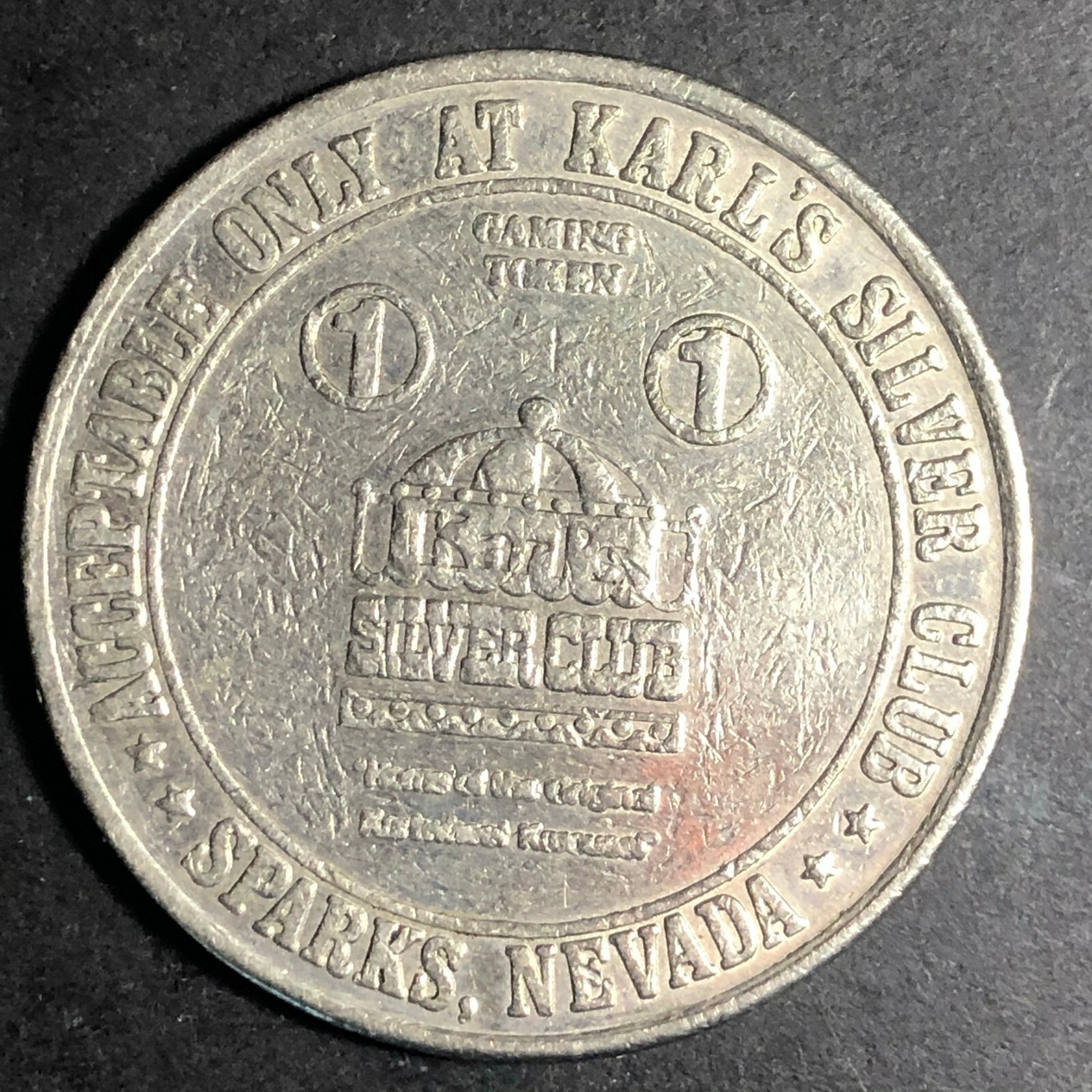 1979 37mm Plated Brass $1 Karl\'s Silver Club Sparks, NV Gaming / Slot Token