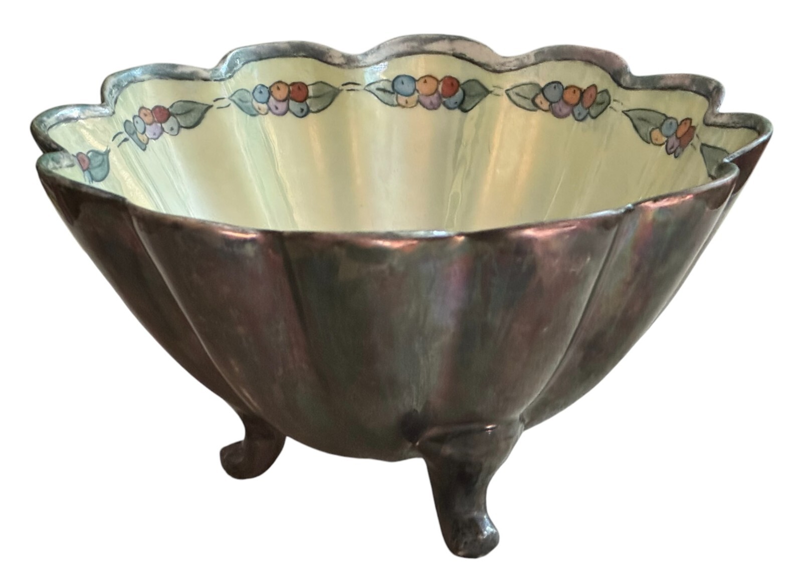 Vintage 3 Footed Scalloped Opalescent Hand Painted Inner Carnival Outer Bowl 4 Vintage 3 Footed Scalloped Opalescent Hand Painted Inner Carnival Outer Bowl 4