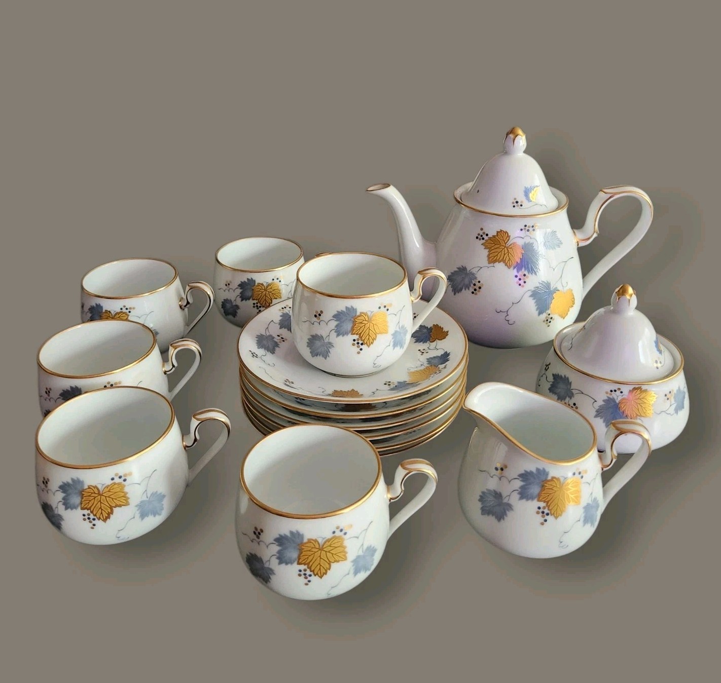 Vtg Noritake Studio Collection Gold Grape Teapot Cup Saucer 15 Pc Set for 6
