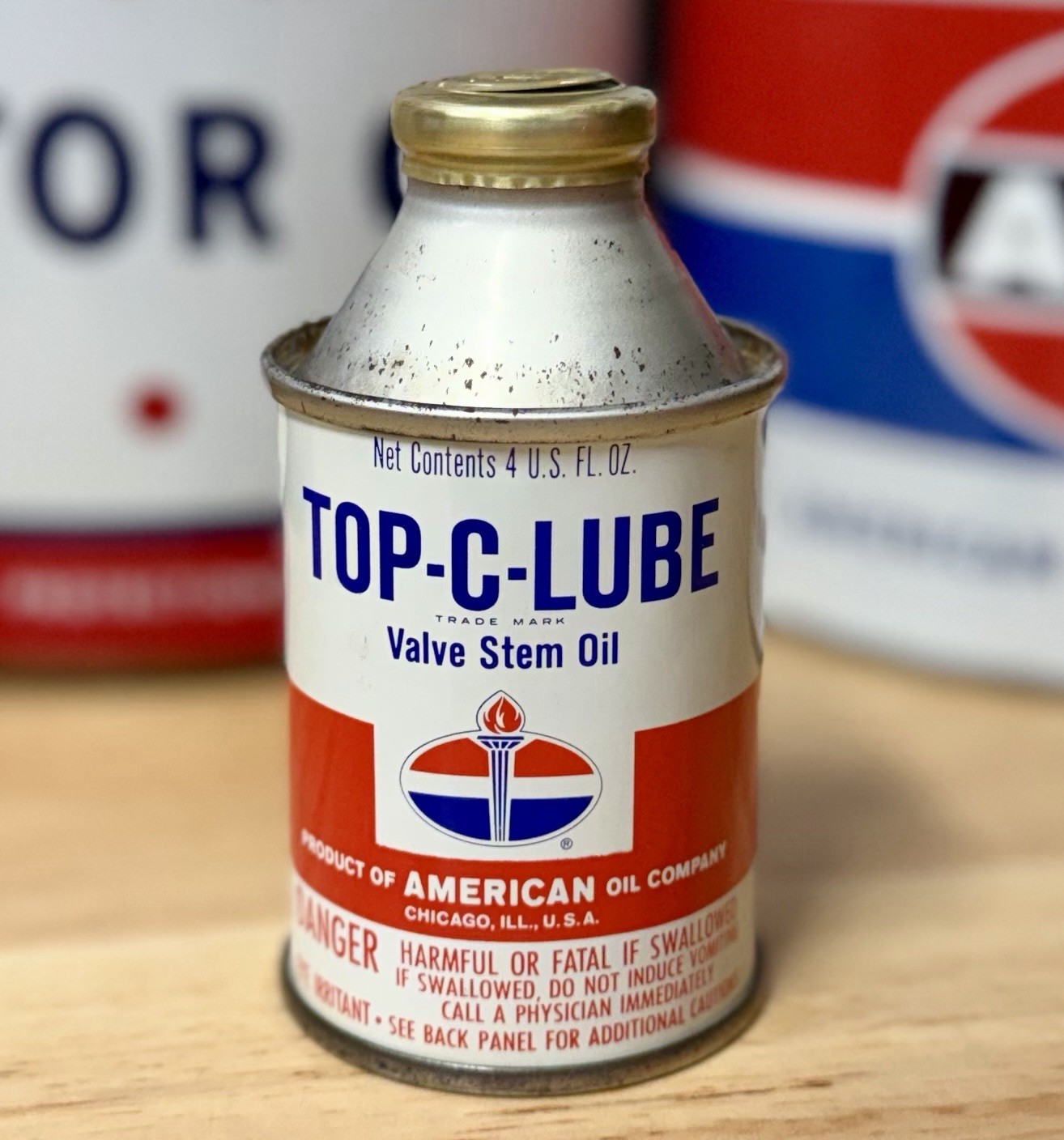 Vintage NOS Top C Lube Valve Stem Oil Can 4oz Cone Top FULL
