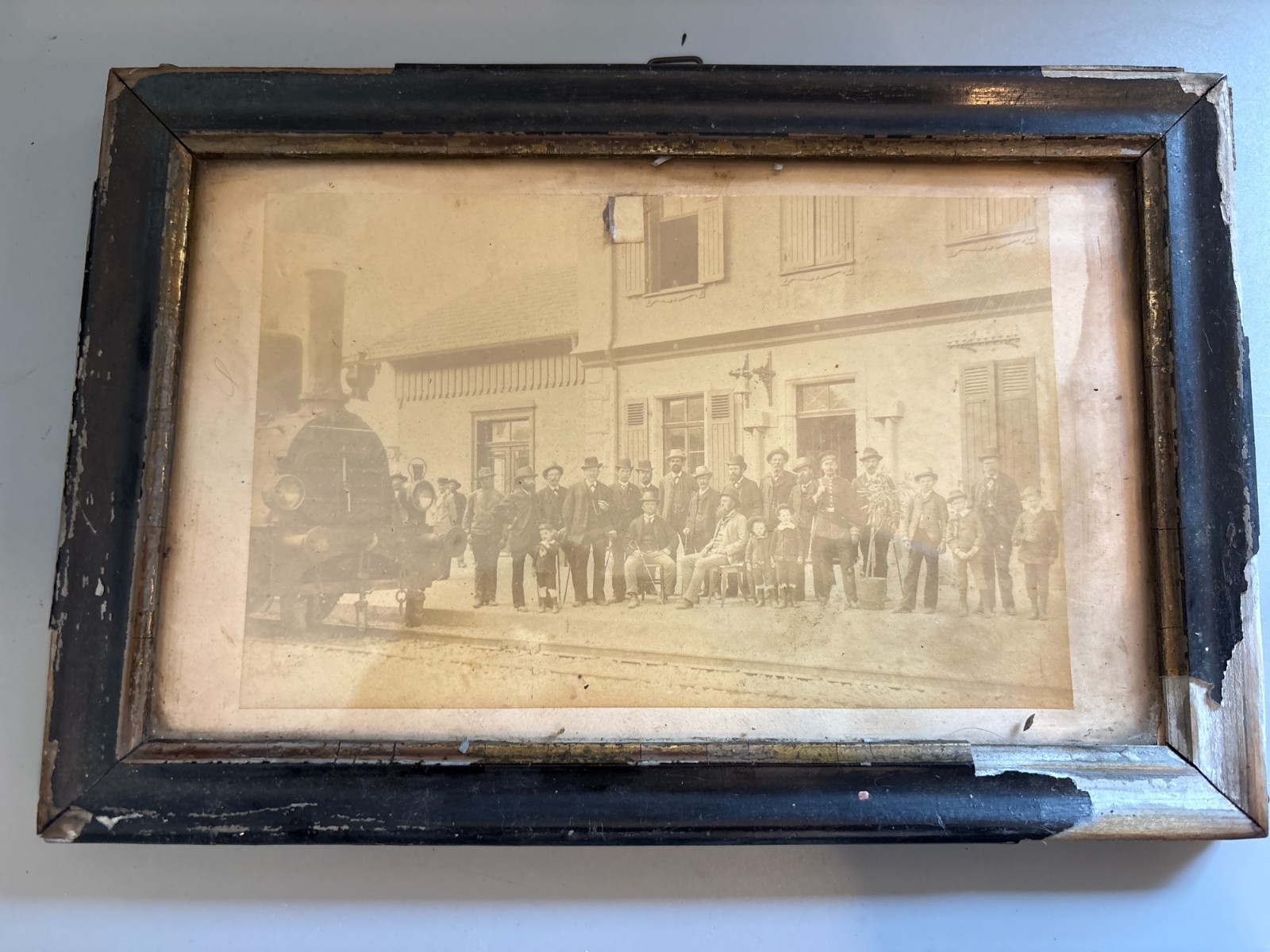 Antique c1900 European Steam Locomotive Railway Station Group Photo Framed 9.5x6