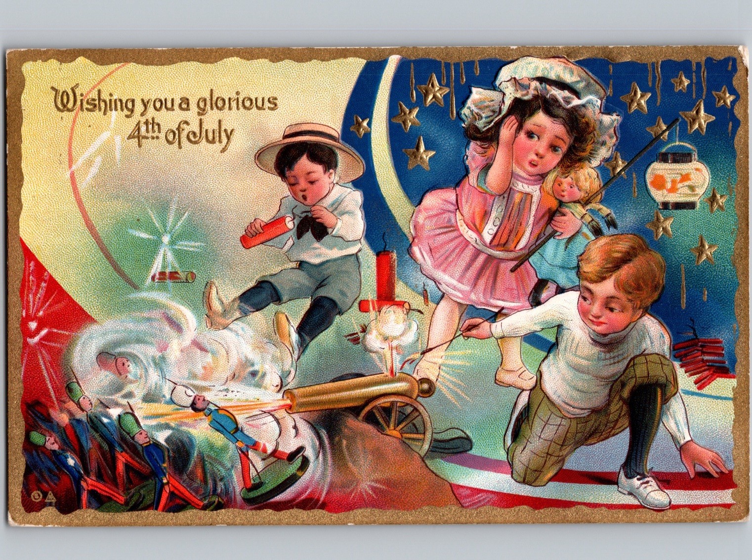 c1915 Glorious 4th Of July Cute Kids Firing Cannons Fireworks Lantern Embossed