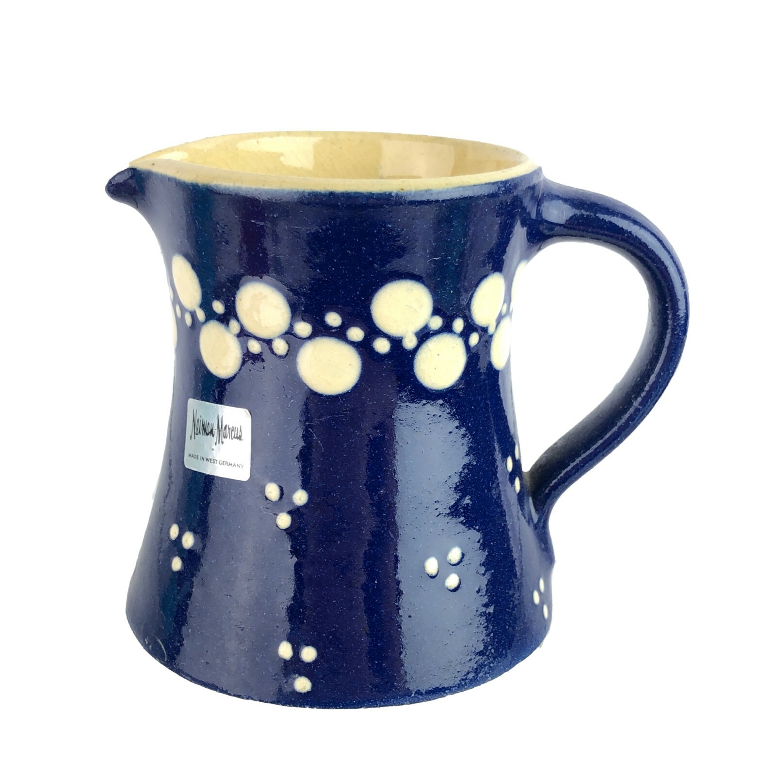 Vintage Neiman Marcus Stoneware Cream Pitcher Blue with White Spots West Germany