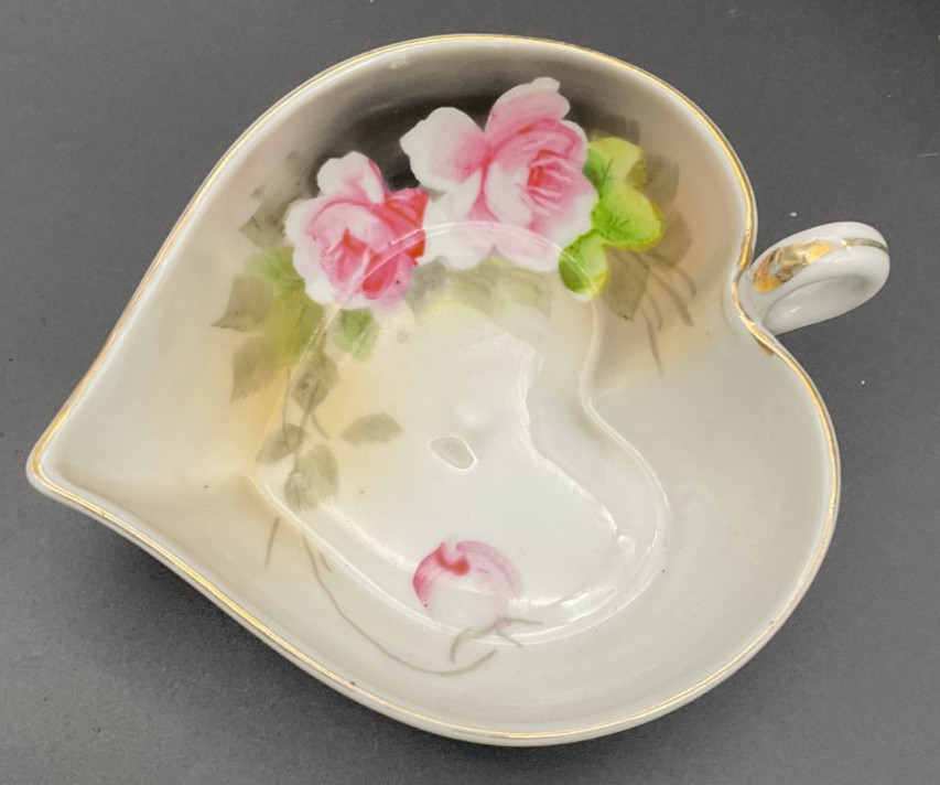 Vintage Hand Painted Floral Heart Shaped Handled Noritake Nappy Trinket Dish
