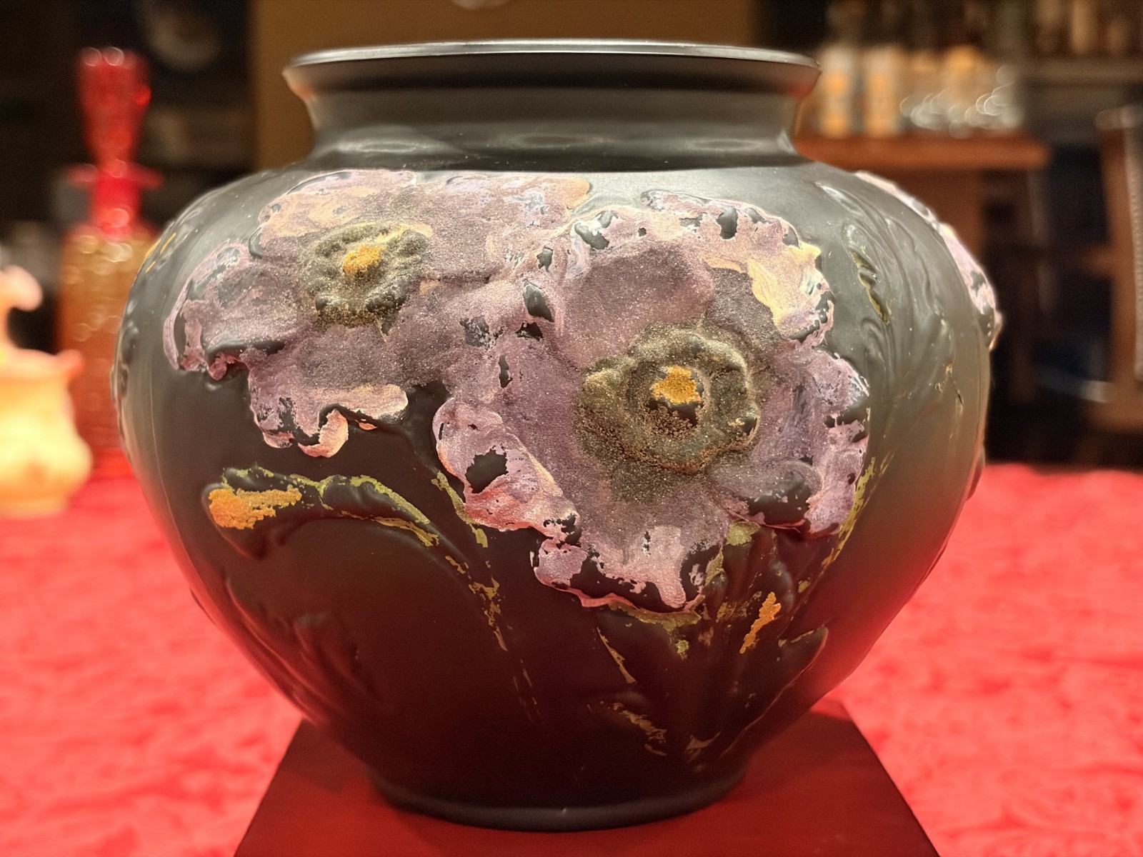 Vtg Tiffin Black Amethyst Satin Glass Poppy Vase Raised Encrusted Flower 7.5” W