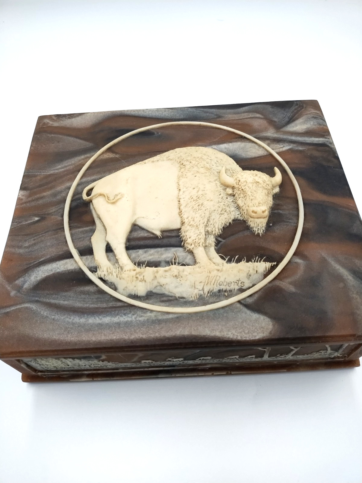Vintage JW Roberts Incolay Stone 3D Buffalo/Bison Jewelry Box Western Design