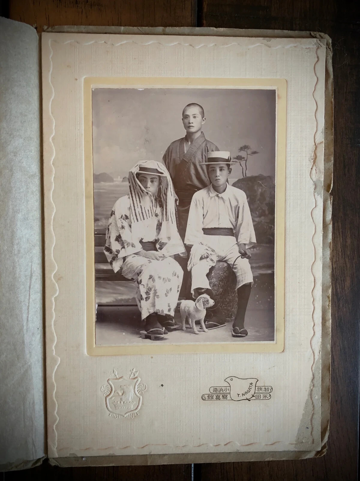 Wonderful Antique Photo from Japan Boys & Tiny Pup on Beach / Japanese Dog Rare
