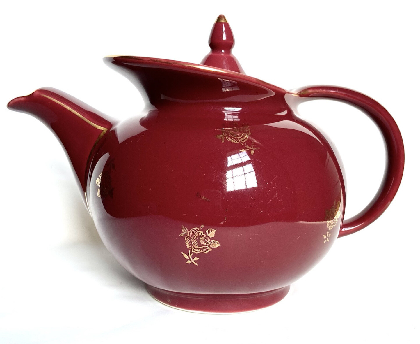 Vintage Hall 6 Cup Windshield Teapot ~ Burgundy/Maroon w/Gold Roses & Gold Trim