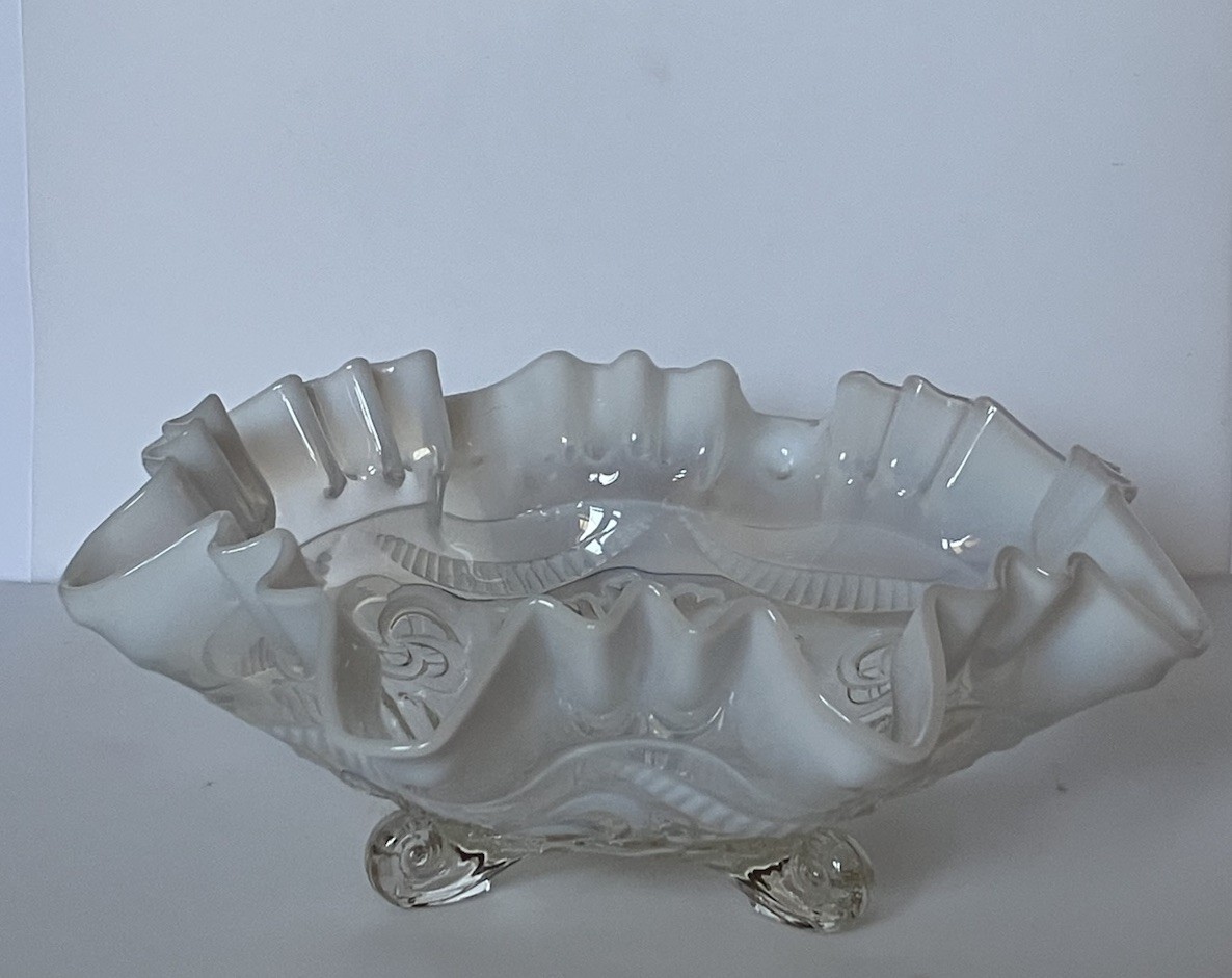 Antique Northwood White Opalescent Three Footed Glass Bowl Ruffeled Edge 9 Inch