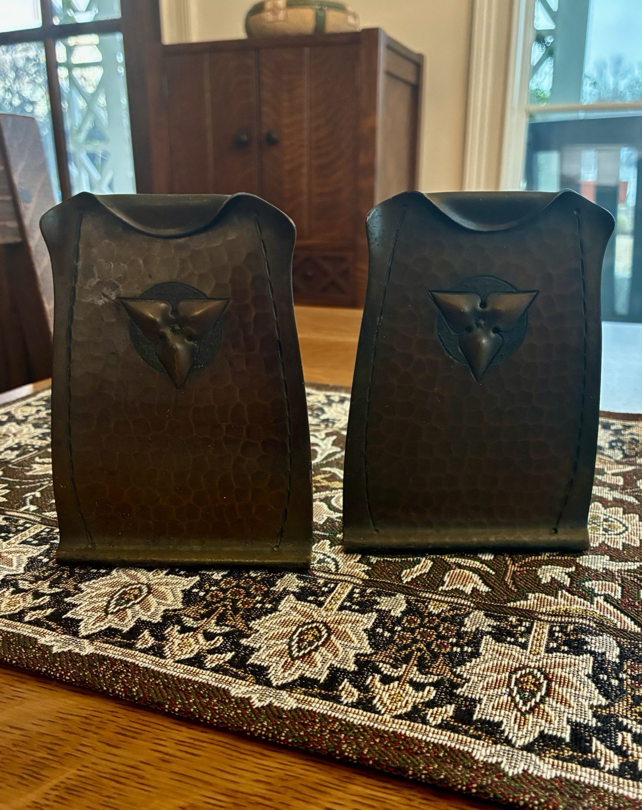 Antique Roycroft  Arts and Crafts Hammered Copper Trefoil  Bookends