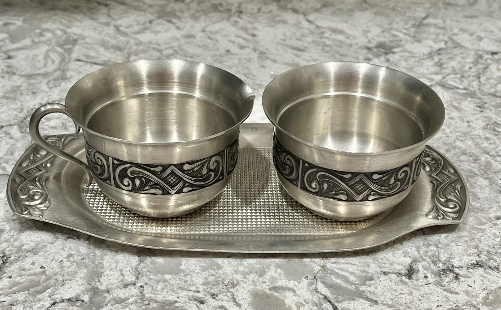 Vintage Selandia Norway Pewter Creamer Sugar Dish & Under Tray Scrollwork Detail